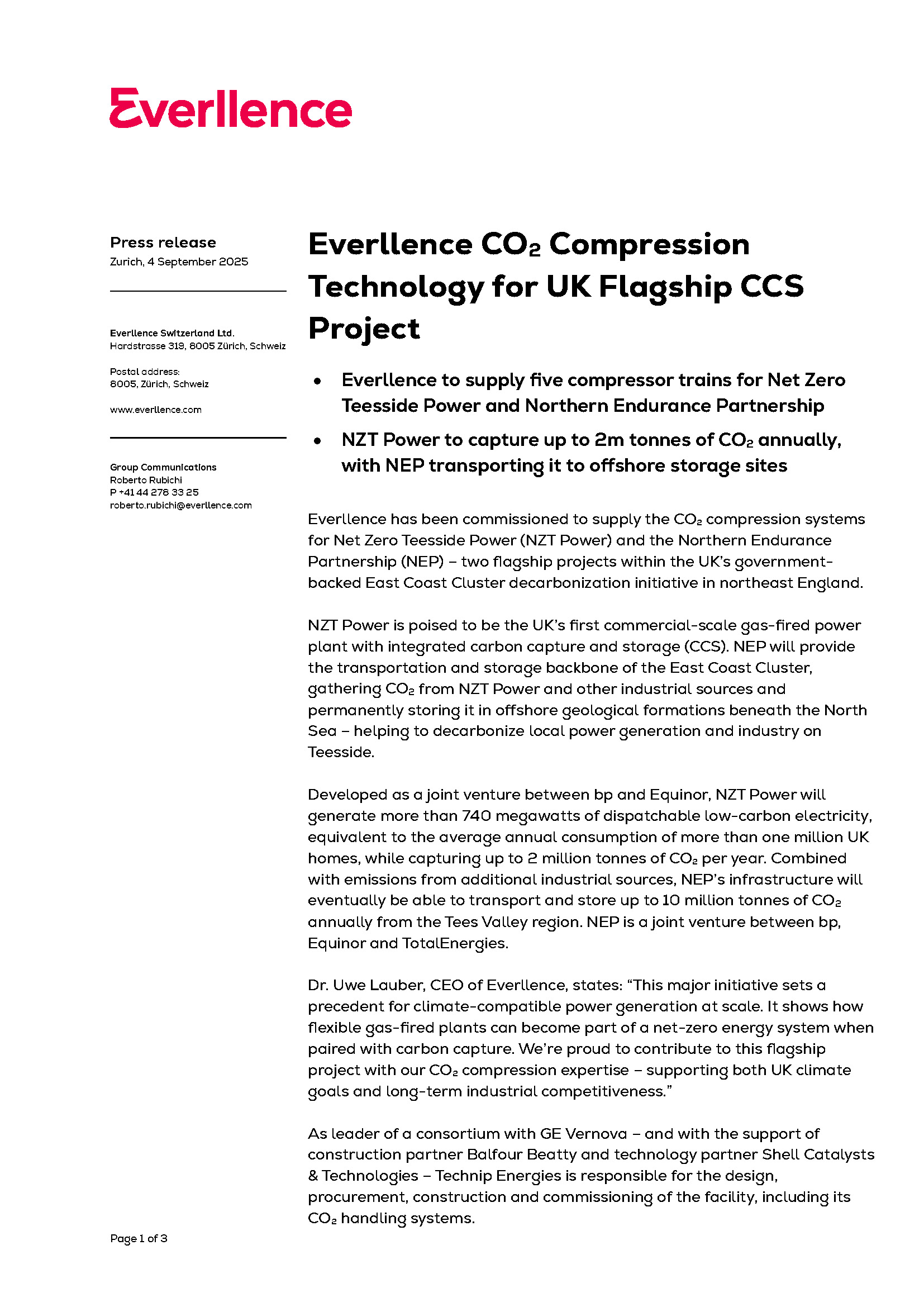 Everllence CO2 Compression Technology for UK Flagship CCS Project